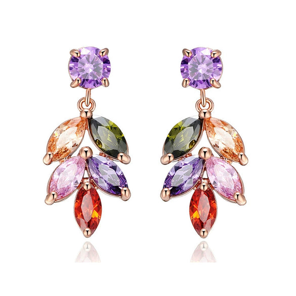 Women's Light Luxury Leaf Long Drop Earrings With Colorful Zircon Inlay And Environmental Protection Copper Elegant Floral Style