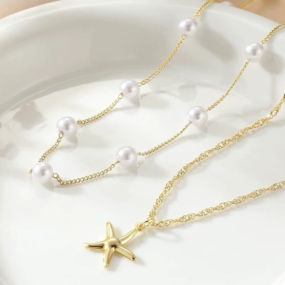 Women's Light Luxury Minimalist Copper Layered Clavicle Necklace With Pearl Star Pendant And Electroplated Retro Design