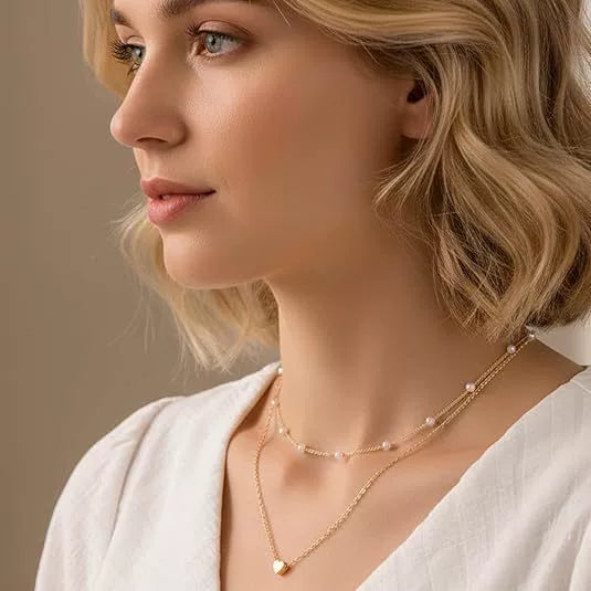 Women's Light Luxury Multi Layer Copper Pearl Necklace With Electroplated Heart Pendant Choker