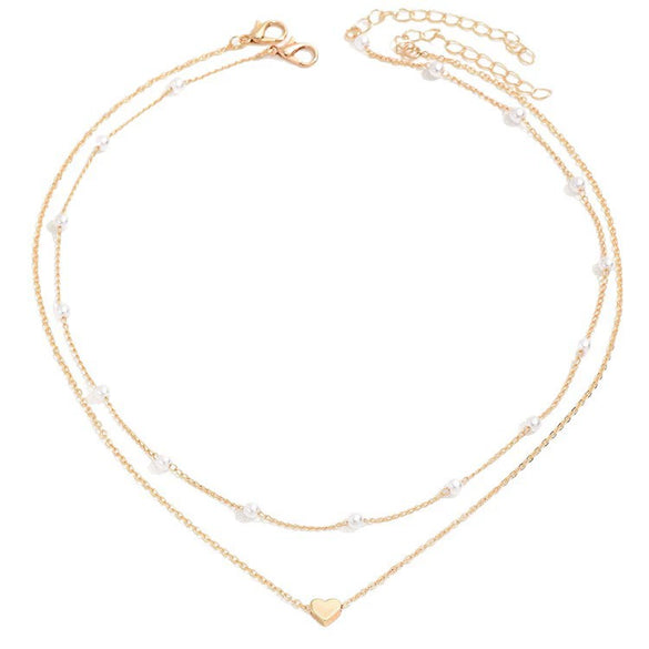 Women's Light Luxury Multi Layer Copper Pearl Necklace With Electroplated Heart Pendant Choker