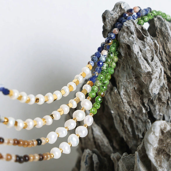 Women's Light Luxury Natural Beads And Freshwater Pearl Necklace With Geometric Pattern Handmade