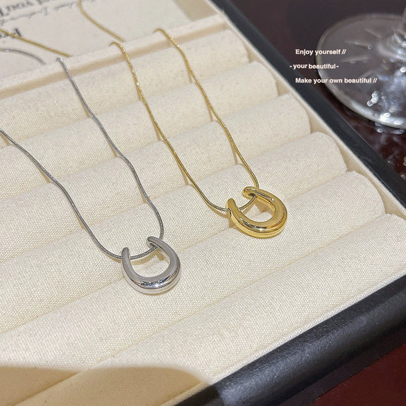 Women's Light Luxury Niche Ushaped Titanium Steel Necklace With Mixed Gemstone Setting Pendant And Cross Chain Electroplated