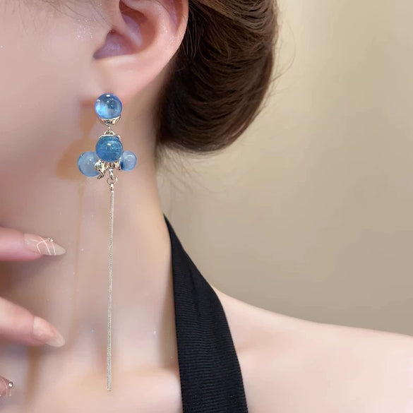 Women's Light Luxury Niche Vintage Long Style Geometric Copper And 925 Silver Bead Tassel Earrings Set With Crystal