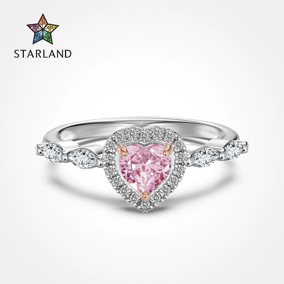 Women's Light Luxury Pink 925 Sterling Silver Ring With Ice Flower Cut Love High Carbon Diamond And Electroplating