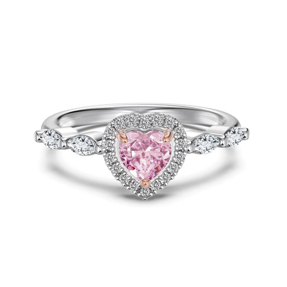 Women's Light Luxury Pink 925 Sterling Silver Ring With Ice Flower Cut Love High Carbon Diamond And Electroplating