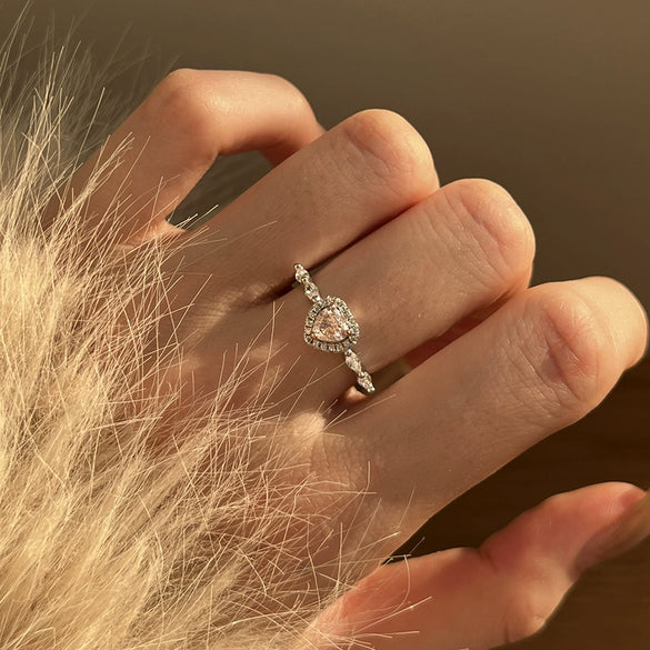 Women's Light Luxury Pink 925 Sterling Silver Ring With Ice Flower Cut Love High Carbon Diamond And Electroplating