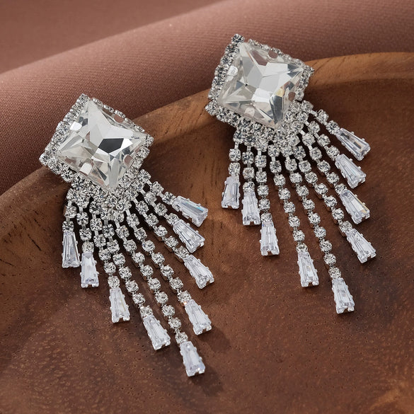 Women's Light Luxury Rhinestone Long Tassel Earrings With Irregular Star And Round Geometric Design