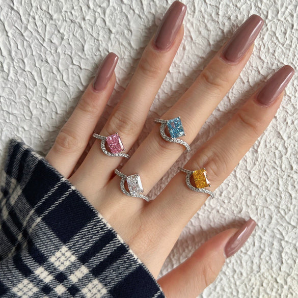 Women's Light Luxury S925 Sterling Silver Ring With Geometric Pattern And Ice Flower Cut 8A Color Zircon Electroplated