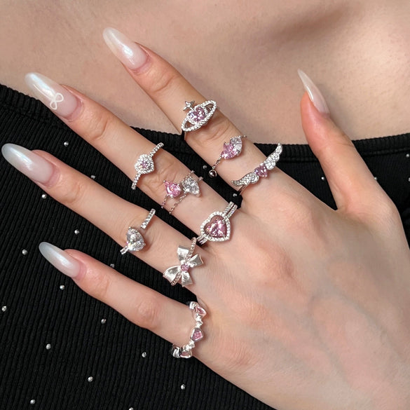Women's Light Luxury S925 Sterling Silver Ring With Pink Zircon Geometric Crown Heart Flower Bow Wave Ushape Drop Shape Design Electroplated