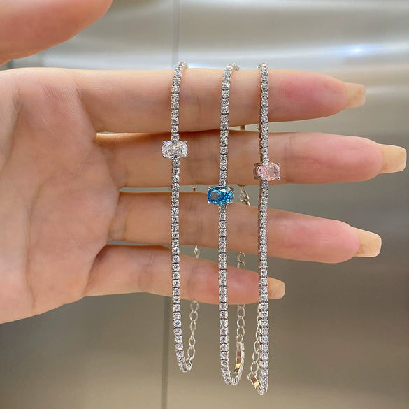 Women's Light Luxury S925 Sterling Silver Tennis Bracelet With Geometric Pattern And Electroplating Oval Zircon Ice Flower Cut