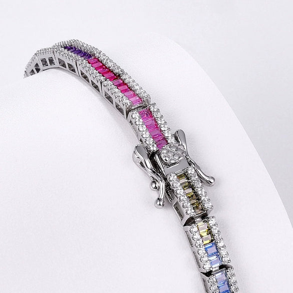 Women's Light Luxury Single Row Colorful Zirconium Bracelet S925 Silver Geometric Style Diamond Design