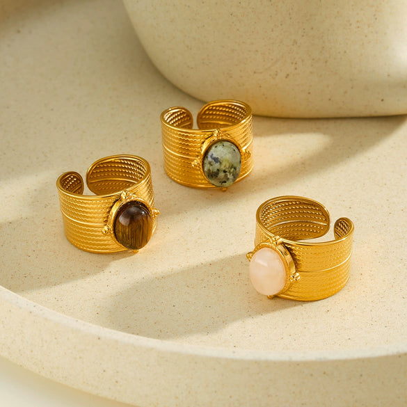 Women's Light Luxury Stainless Steel Adjustable Open Ring With Geometric Shape Natural Stone Look And 18K Vacuum Plated Finish