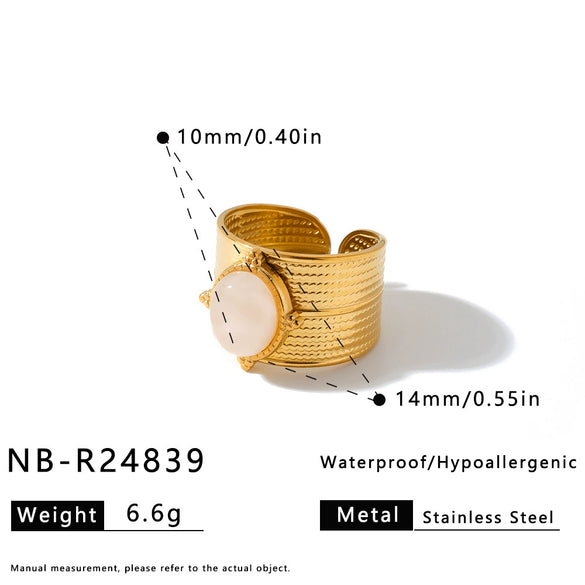 Women's Light Luxury Stainless Steel Adjustable Open Ring With Geometric Shape Natural Stone Look And 18K Vacuum Plated Finish