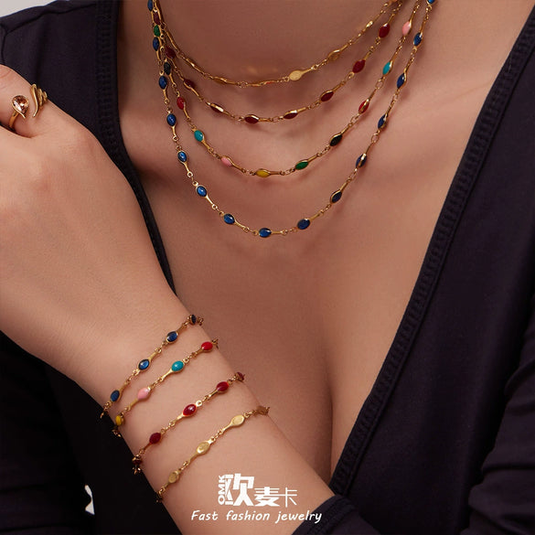 Women's Light Luxury Stainless Steel Electroplated Dopamine Colorblocking Clavicle Necklace And Bracelet Set