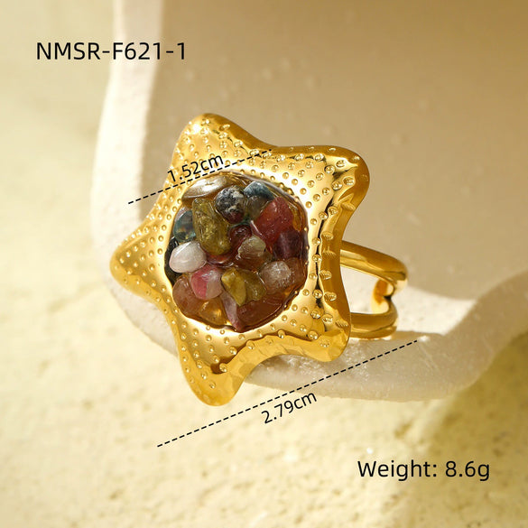Women's Light Luxury Stainless Steel Fivepointed Star Ring With Natural Stone And Electroplating Treatment