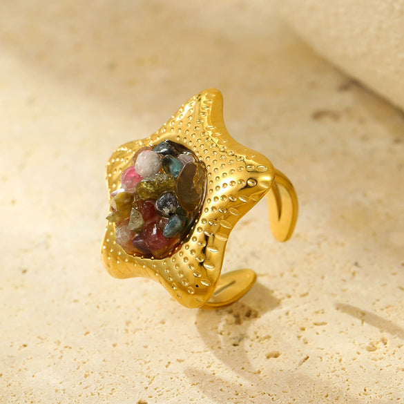 Women's Light Luxury Stainless Steel Fivepointed Star Ring With Natural Stone And Electroplating Treatment