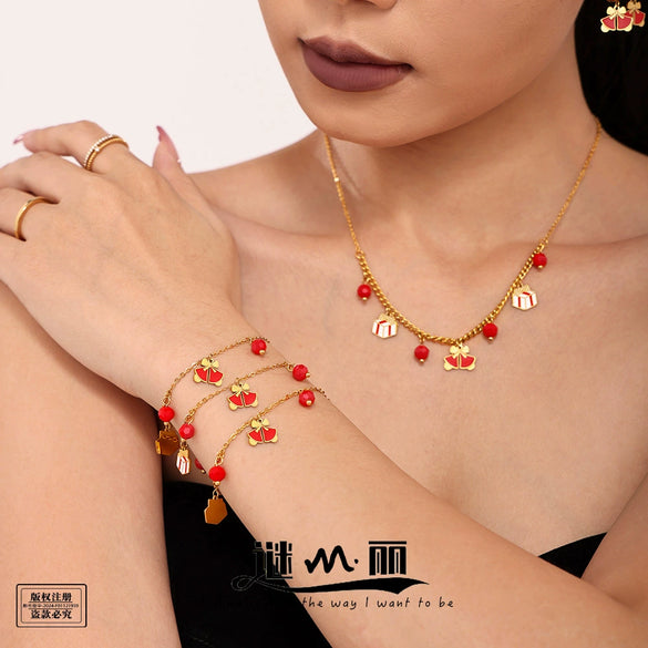 Women's Light Luxury Stainless Steel Geometric Pendant Necklace Bracelet And Earrings Set With Enamel Glaze Finish