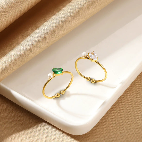 Women's Light Luxury Stainless Steel Imitation Pearl Geometric Ring Set With Diamonds