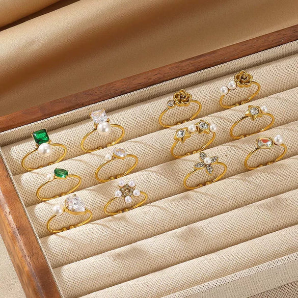 Women's Light Luxury Stainless Steel Imitation Pearl Geometric Ring Set With Diamonds