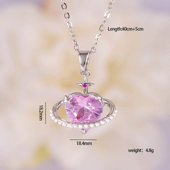 Women's Light Luxury Style Heart Shape Copper Necklace With Mixed Gemstone Setting And Electroplating O Chain