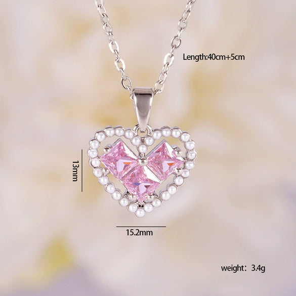 Women's Light Luxury Style Heart Shape Copper Necklace With Mixed Gemstone Setting And Electroplating O Chain