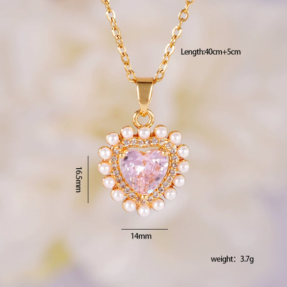 Women's Light Luxury Style Heart Shape Copper Necklace With Mixed Gemstone Setting And Electroplating O Chain