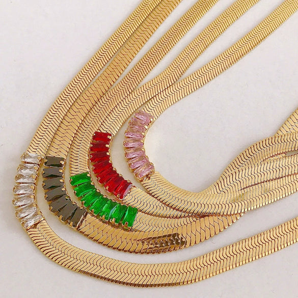 Women's Light Luxury Style Titanium Steel Geometric Blade Chain Necklace With Mixed Gemstone Setting