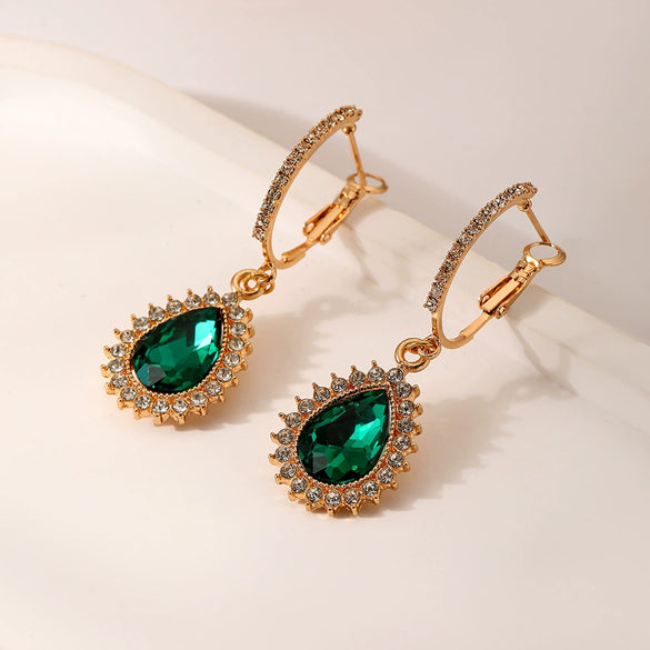 Women's Light Luxury Style Zinc Alloy Dropshaped Electroplated Emerald Diamond Earrings