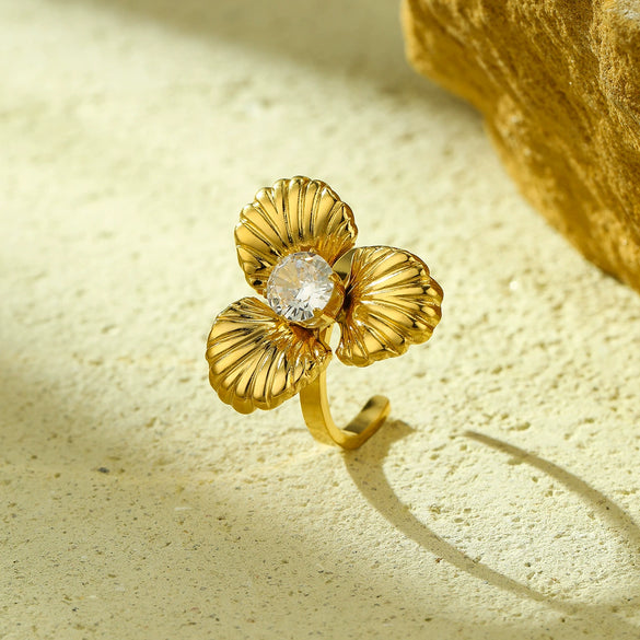 Women's Light Luxury Threedimensional Flower Design Diamondencrusted Stainless Steel Open Ring With Electroplating