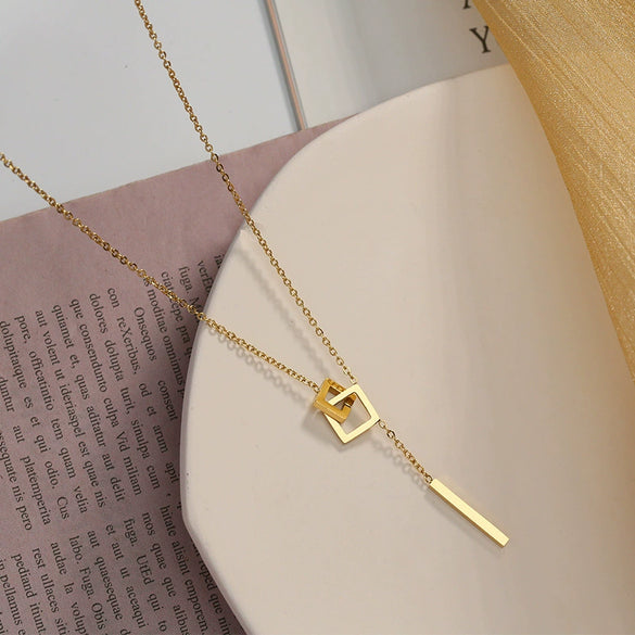 Women's Light Luxury Titanium Steel Geometric Tassel Clavicle Necklace With Box Chain Electroplated Fashion Jewelry