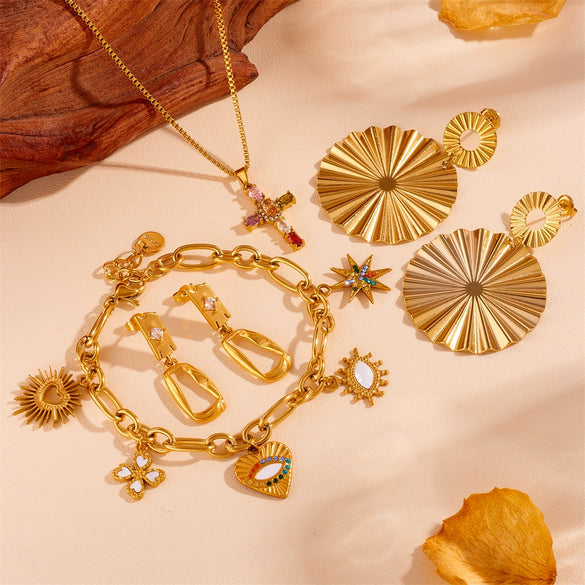 Women's Light Luxury Titanium Steel Necklace And Earrings Set With Geometric And Plant Flowers Pattern