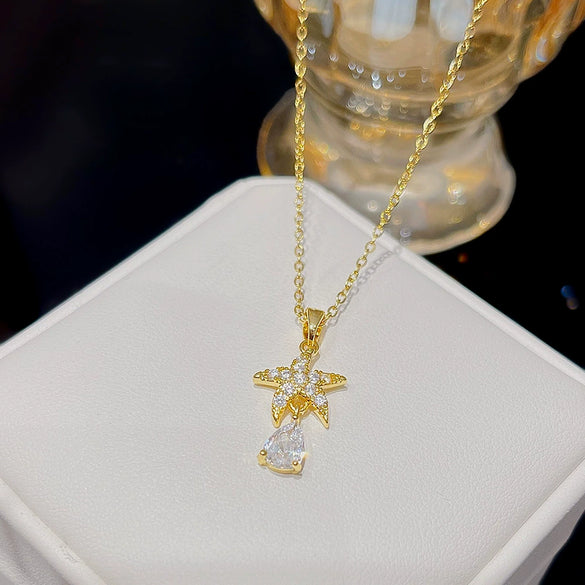 Women's Light Luxury Titanium Steel Necklace With Geometric Pattern And Inlaid Zircon Pendant On Cross Chain