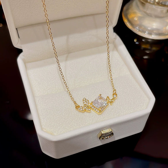 Women's Light Luxury Titanium Steel Necklace With Geometric Pattern And Inlaid Zircon Pendant On Cross Chain