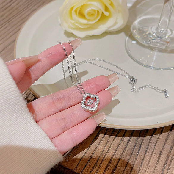 Women's Light Luxury Titanium Steel Necklace With Geometric Pattern And Inlaid Zircon Pendant On Cross Chain