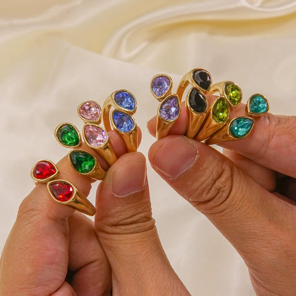 Women's Light Luxury Titanium Steel Open Dropshaped Ring With Inlaid Zircon And Geometric Pattern Vacuum Furnace Electroplated