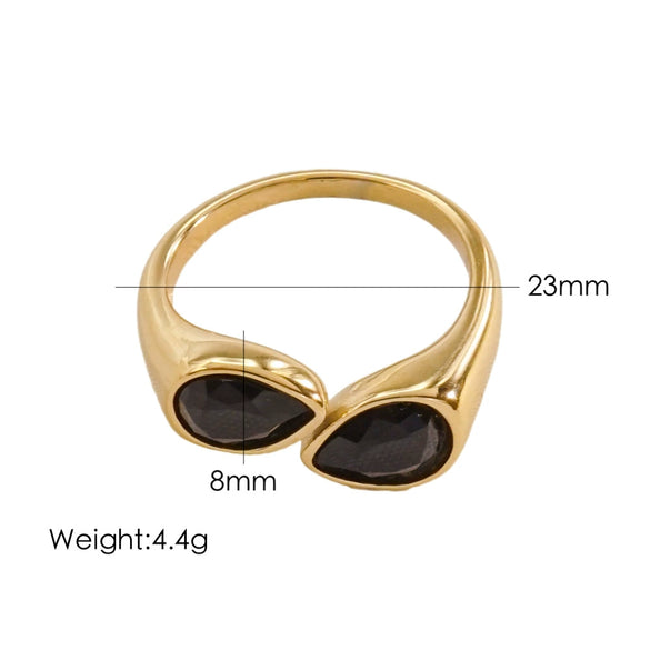Women's Light Luxury Titanium Steel Open Dropshaped Ring With Inlaid Zircon And Geometric Pattern Vacuum Furnace Electroplated