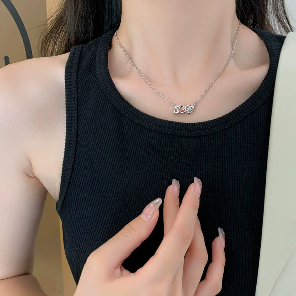 Women's Light Luxury Titanium Steel Pendant Necklace Set With Diamonds And Featuring Letters Numbers Text