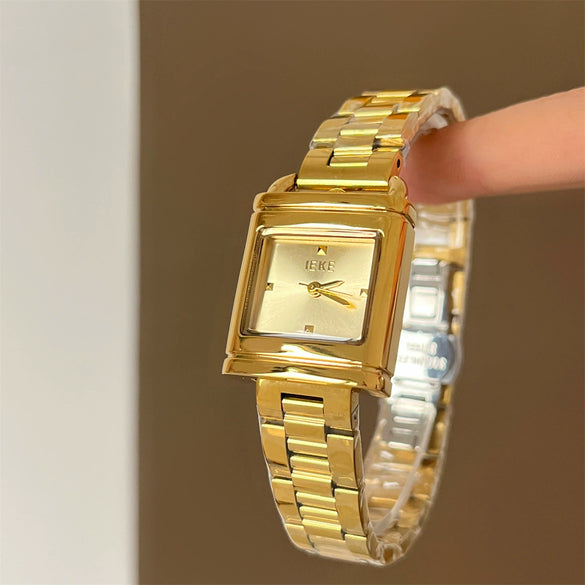 Women's Lockshaped Vintage Retro Creative Gold Quartz Watch With Square Dial Metal Case Stainless Steel Strap And Buckle