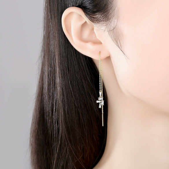 Women's Long Copper Zircon Tassel Earrings With Geometric Design And Electroplated Fashion Finish