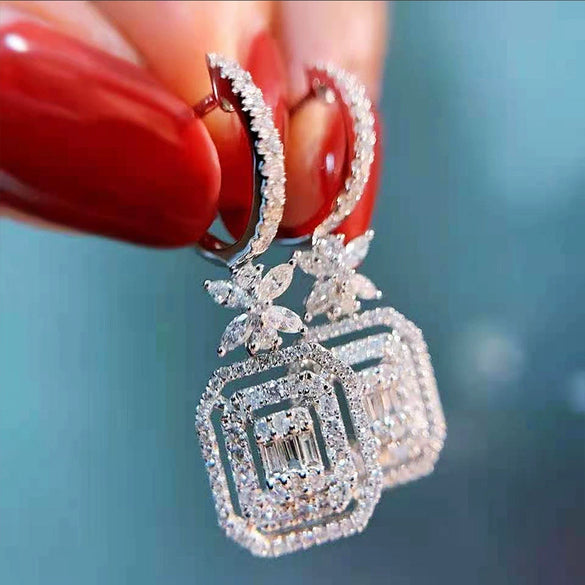 Women's Long Earrings Copper Microinlaid Zircon Geometric Bow Design