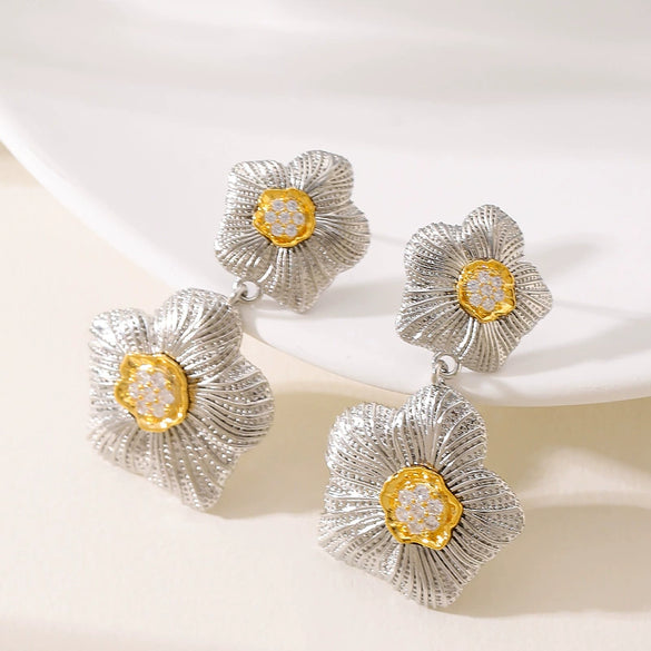 Women's Long Flower Drop Earrings Simple Metal Design With Real Gold Plated Copper Finish