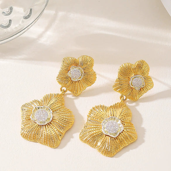 Women's Long Flower Drop Earrings Simple Metal Design With Real Gold Plated Copper Finish