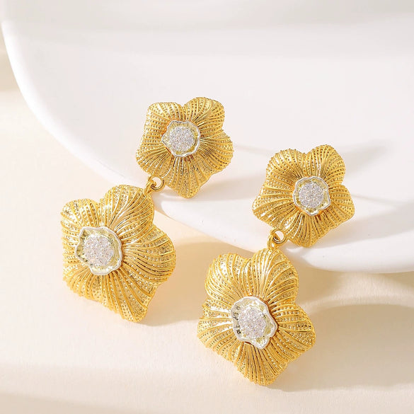 Women's Long Flower Drop Earrings Simple Metal Design With Real Gold Plated Copper Finish