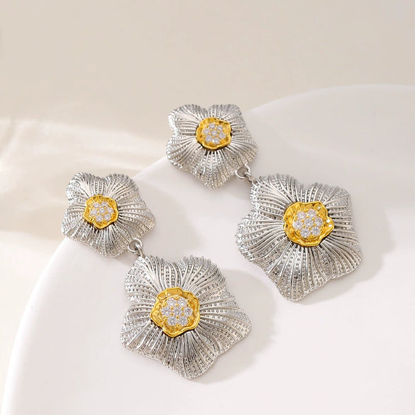 Women's Long Flower Drop Earrings Simple Metal Design With Real Gold Plated Copper Finish