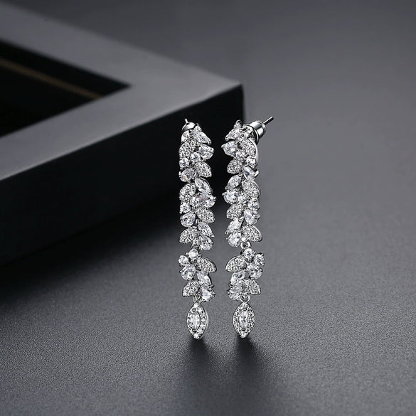 Women's Long Flower Zircon Drop Earrings Copper Floral Statement Jewelry With Elegant Personality Style For Wholesale