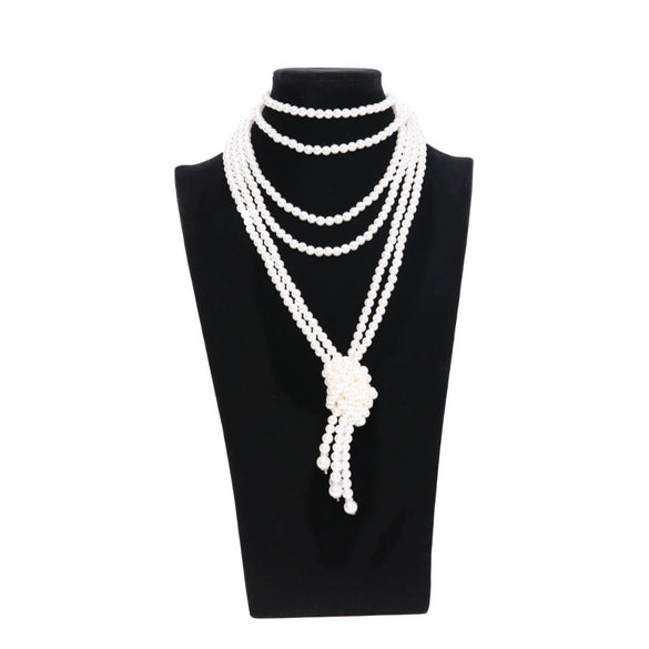 Women's Long Pearl Necklace With Geometric Design Polished Finish And Ball Chain Fashion Jewelry