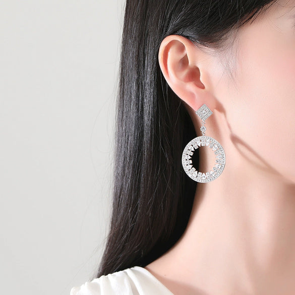Women's Long Round Copper Zircon Drop Earrings With Electroplated Retro Statement Design