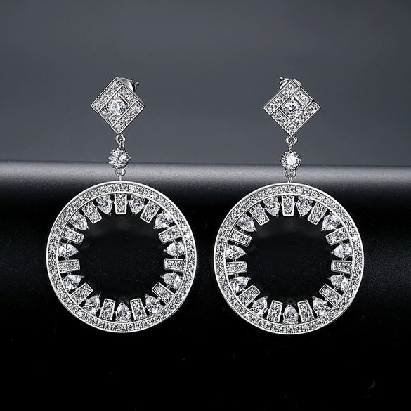 Women's Long Round Copper Zircon Drop Earrings With Electroplated Retro Statement Design