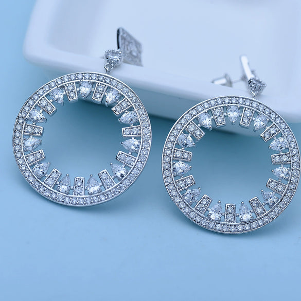 Women's Long Round Copper Zircon Drop Earrings With Electroplated Retro Statement Design