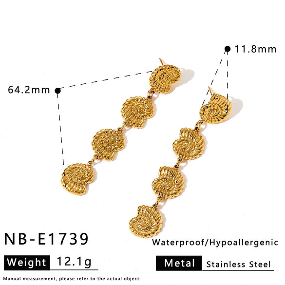 Women's Long Stainless Steel Earrings With Conch Shell Starfish Geometric Design And 18K Gold Vacuum Plated Finish